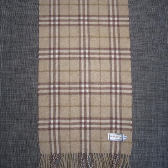 BURBERRYS Pure Cashmere Nova Plaid Scarf Tan Brown Natural 11.75 x 53 - Picture 5 of 10